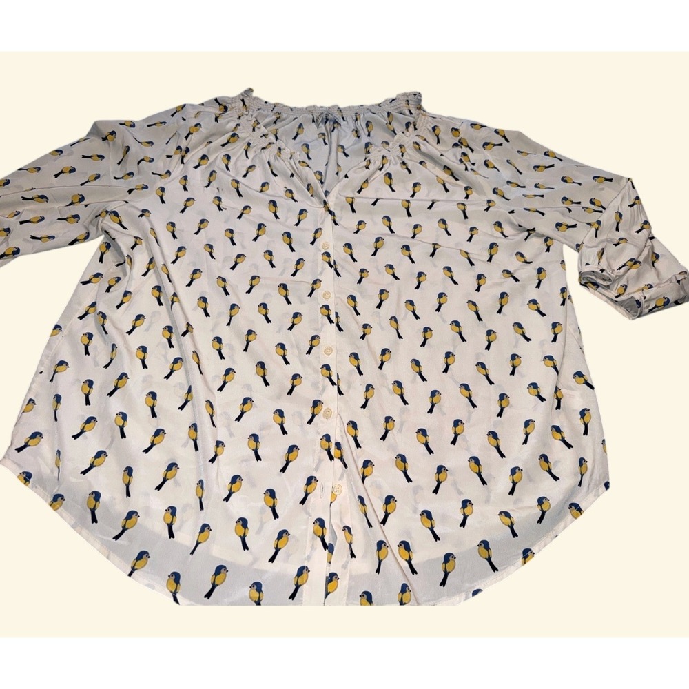Old Navy Women‎ XXL White Bird Print Button Down Blouse Smocked Neck Long Sleeve